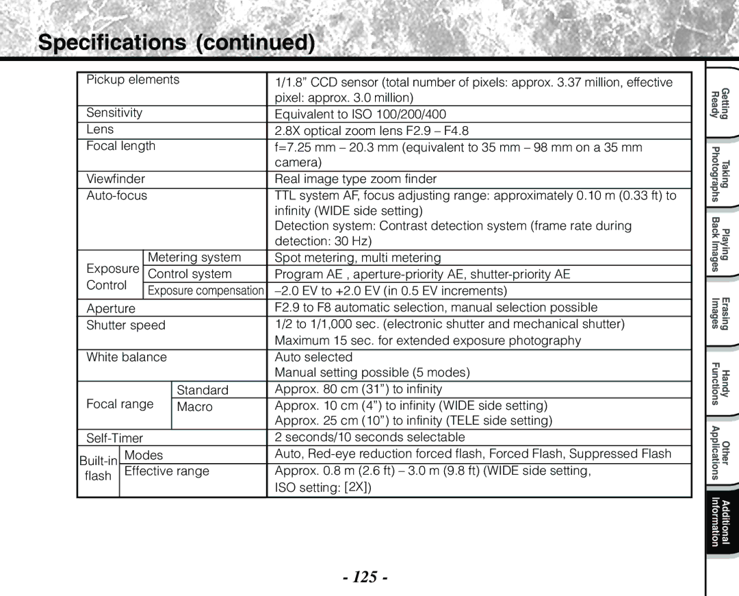 Toshiba PDR-M71 instruction manual Specifications, 125 