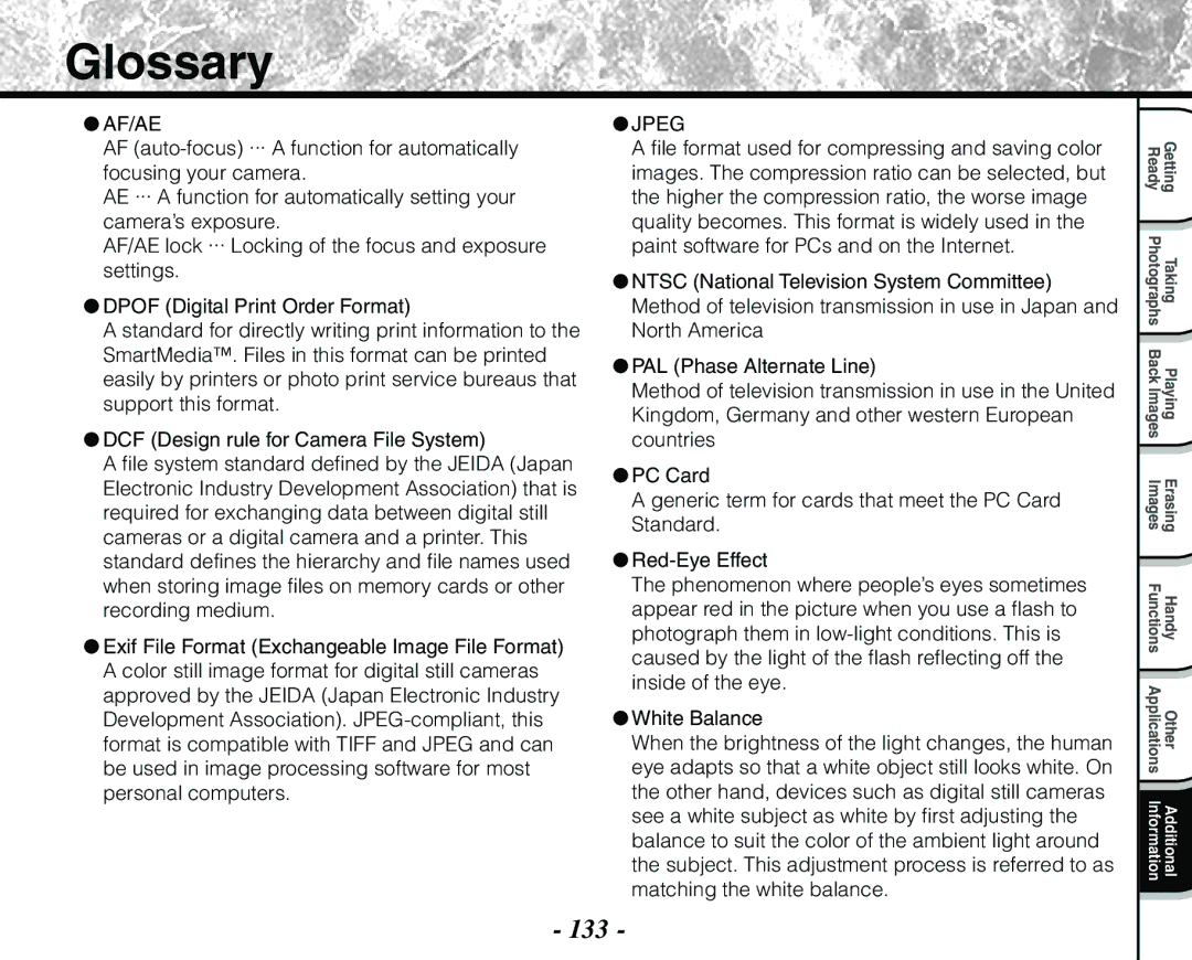 Toshiba PDR-M71 instruction manual Glossary, 133 