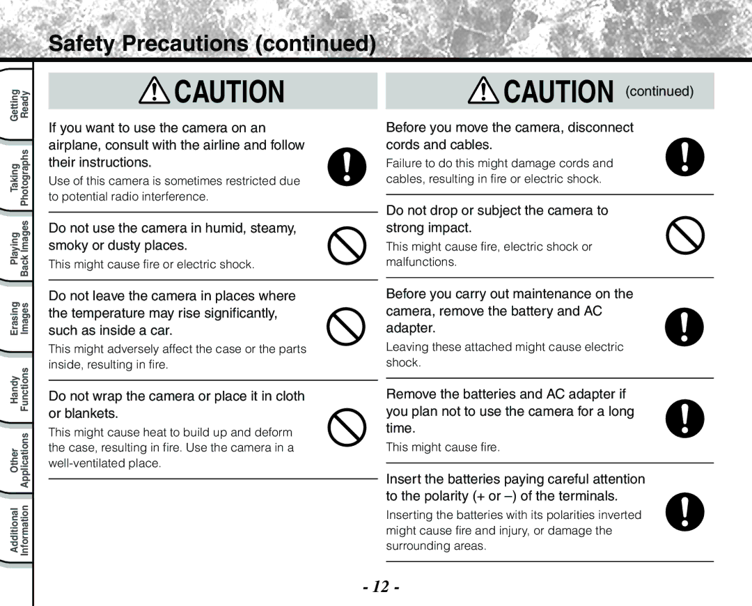 Toshiba PDR-M71 instruction manual Do not wrap the camera or place it in cloth or blankets 