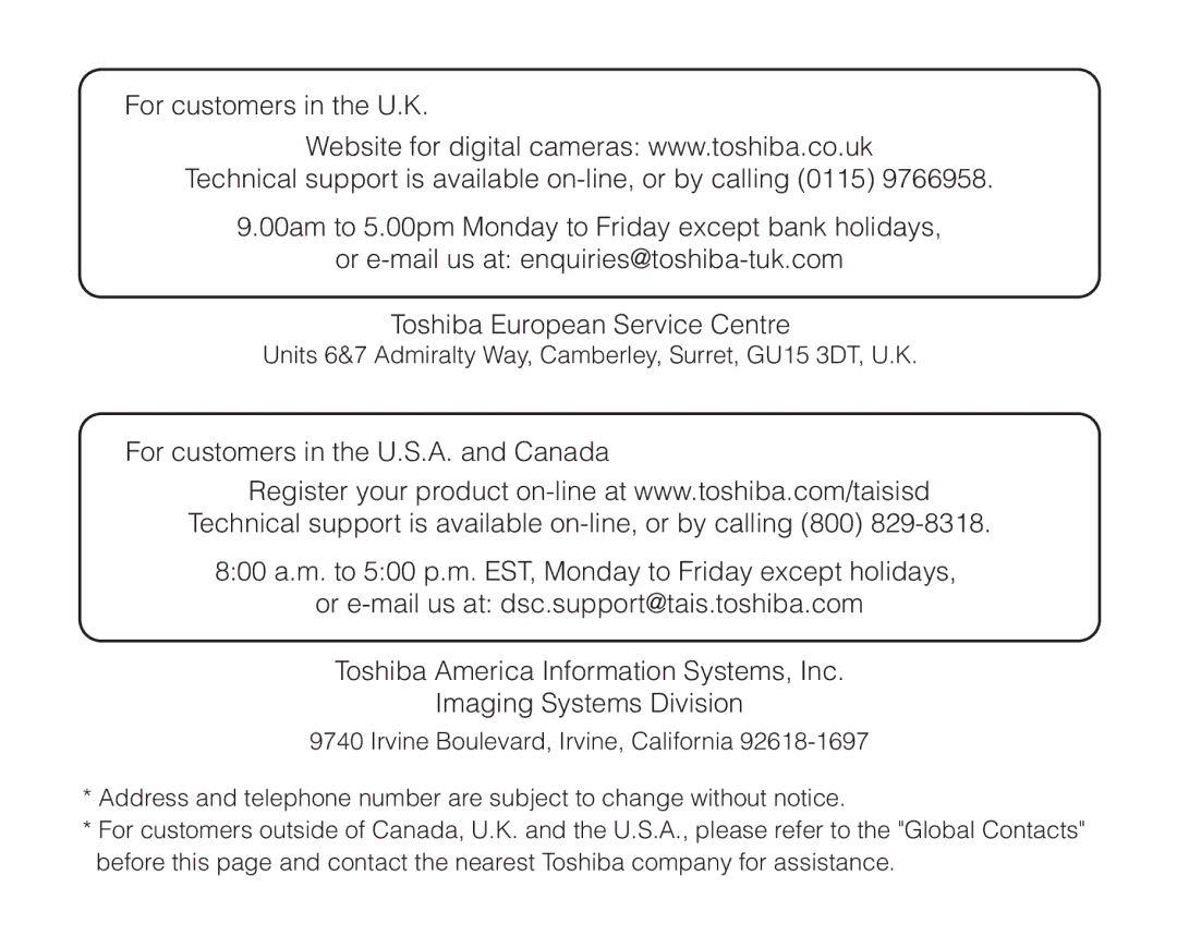 Toshiba PDR-M71 instruction manual Units 6&7 Admiralty Way, Camberley, Surret, GU15 3DT, U.K 