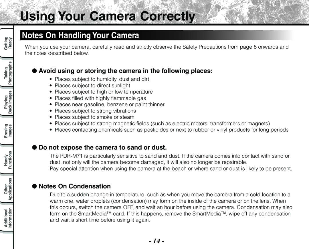 Toshiba PDR-M71 instruction manual Using Your Camera Correctly, Avoid using or storing the camera in the following places 