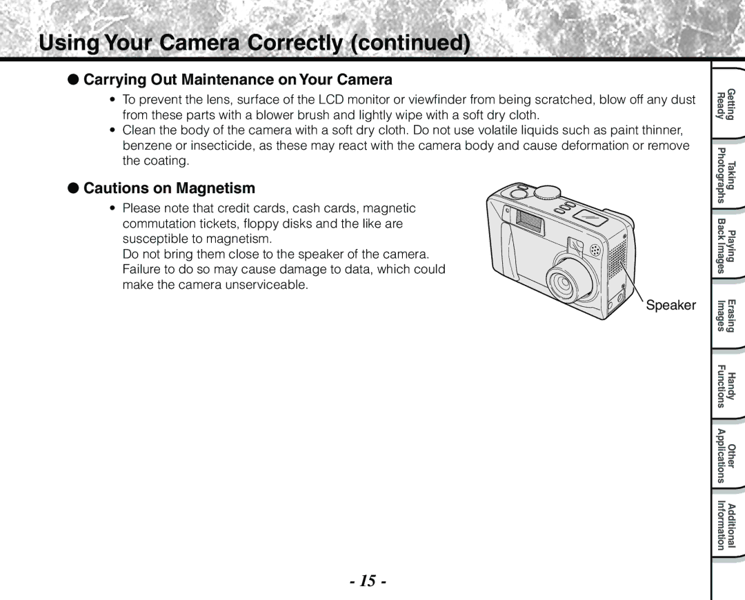 Toshiba PDR-M71 instruction manual Using Your Camera Correctly, Carrying Out Maintenance on Your Camera, Speaker 