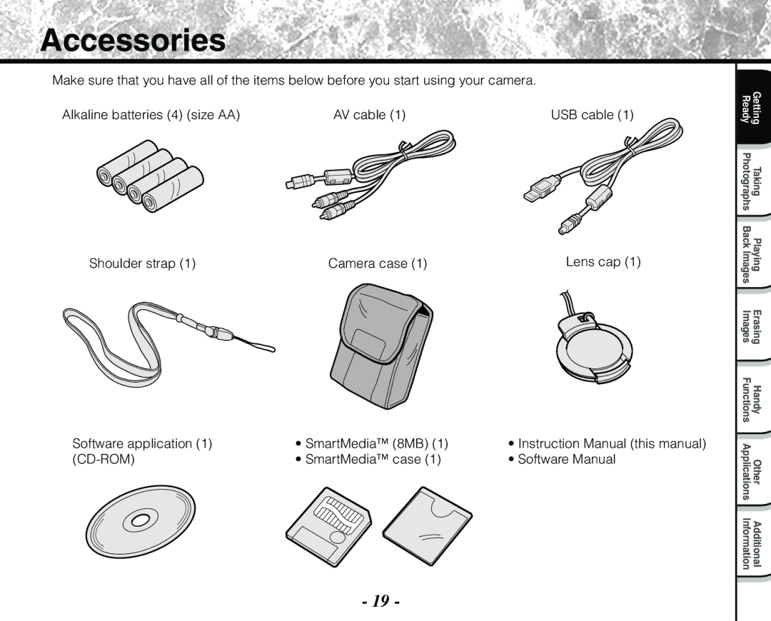 Toshiba PDR-M71 instruction manual Accessories, Shoulder strap Camera case, Software application SmartMedia 8MB 