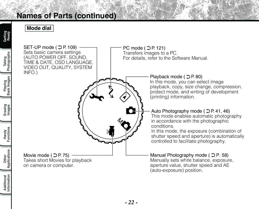 Toshiba PDR-M71 instruction manual Mode dial, SET-UP mode P Sets basic camera settings 