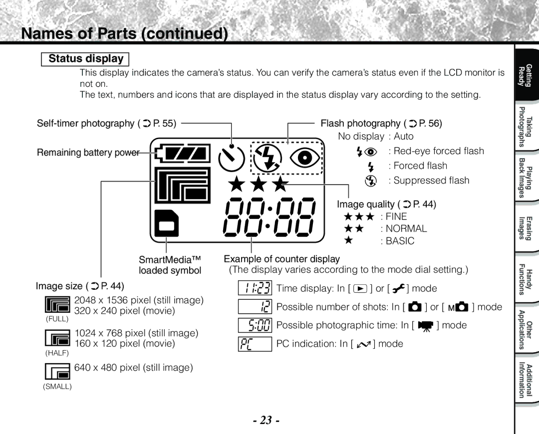 Toshiba PDR-M71 instruction manual Status display, No display Auto, 1024 x 768 pixel still image 160 x 120 pixel movie 