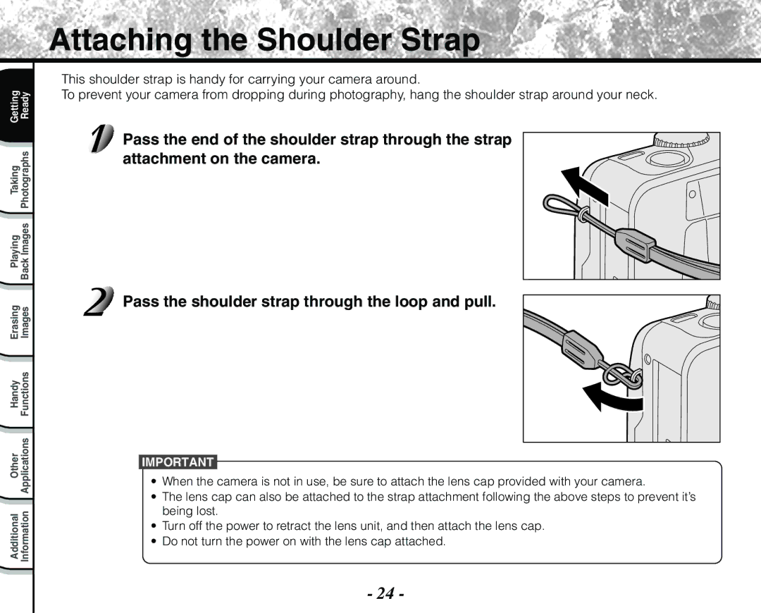 Toshiba PDR-M71 instruction manual Attaching the Shoulder Strap 