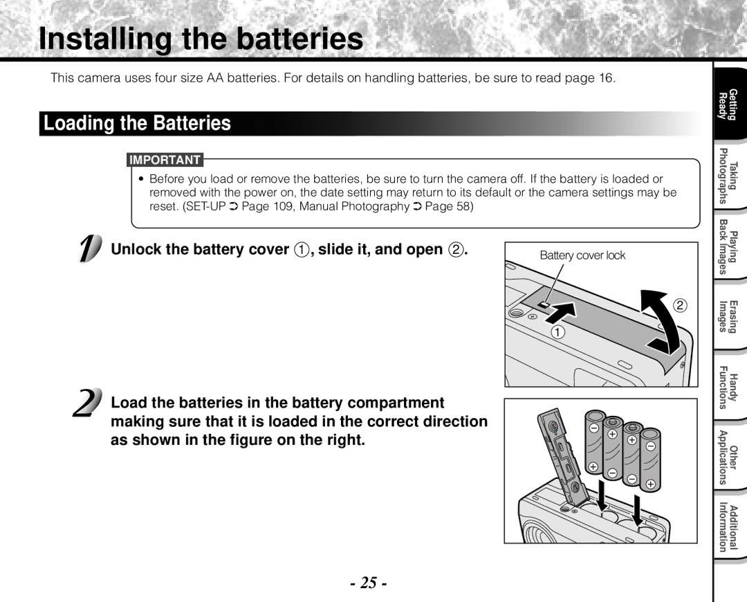 Toshiba PDR-M71 instruction manual Installing the batteries, Loading the Batteries 