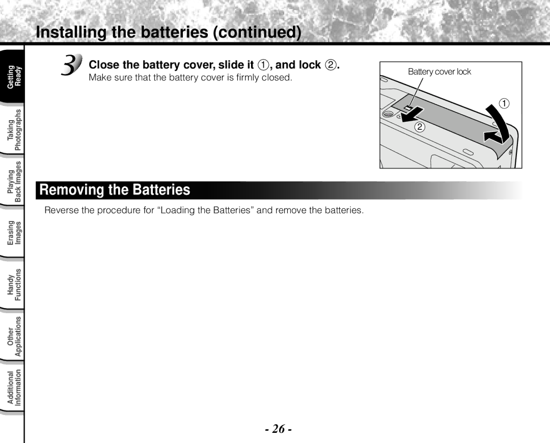 Toshiba PDR-M71 Installing the batteries, Removing the Batteries, Close the battery cover, slide it 1 , and lock 