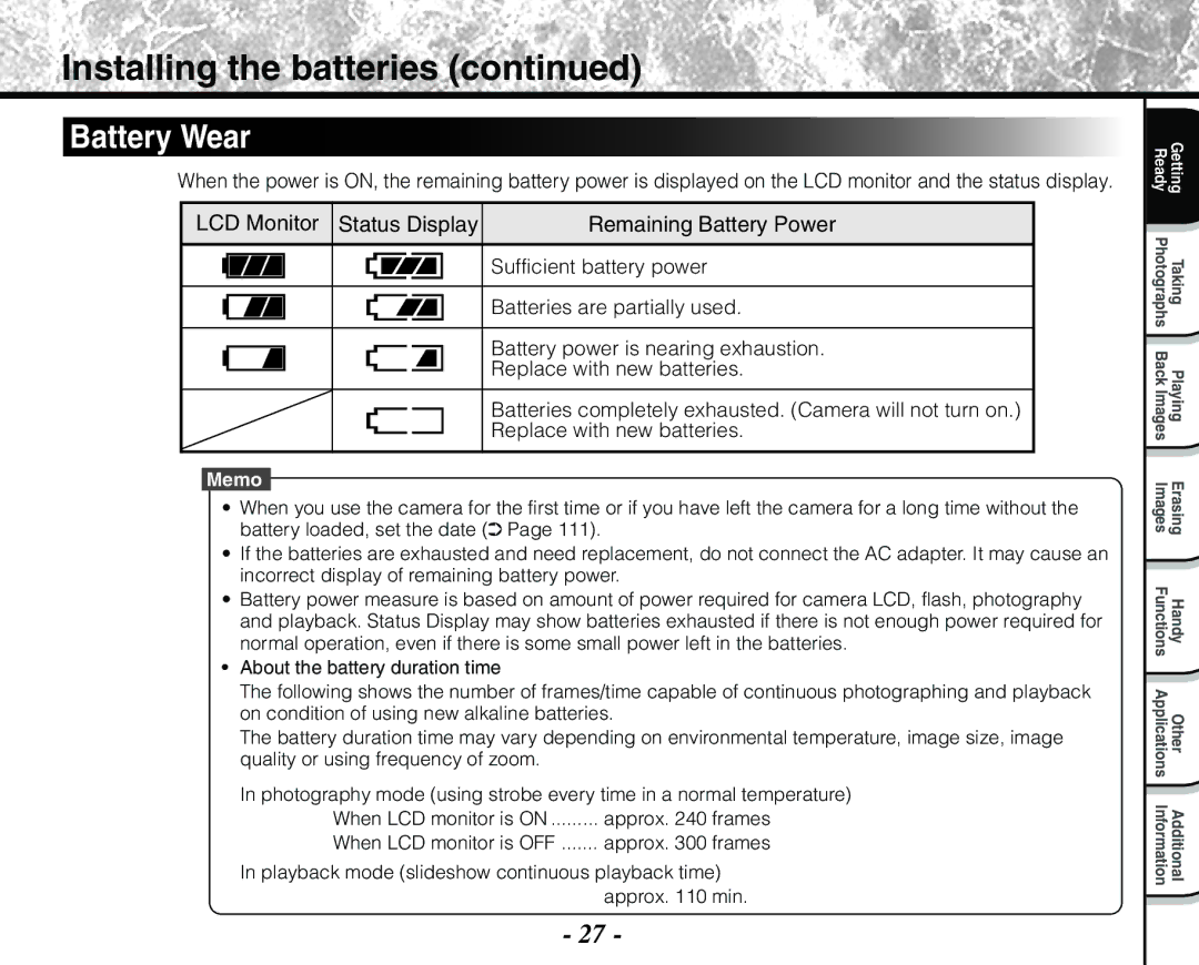 Toshiba PDR-M71 instruction manual Battery Wear, LCD Monitor Status Display Remaining Battery Power 