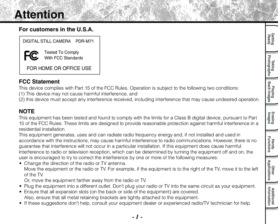 Toshiba PDR-M71 instruction manual For customers in the U.S.A, FCC Statement 