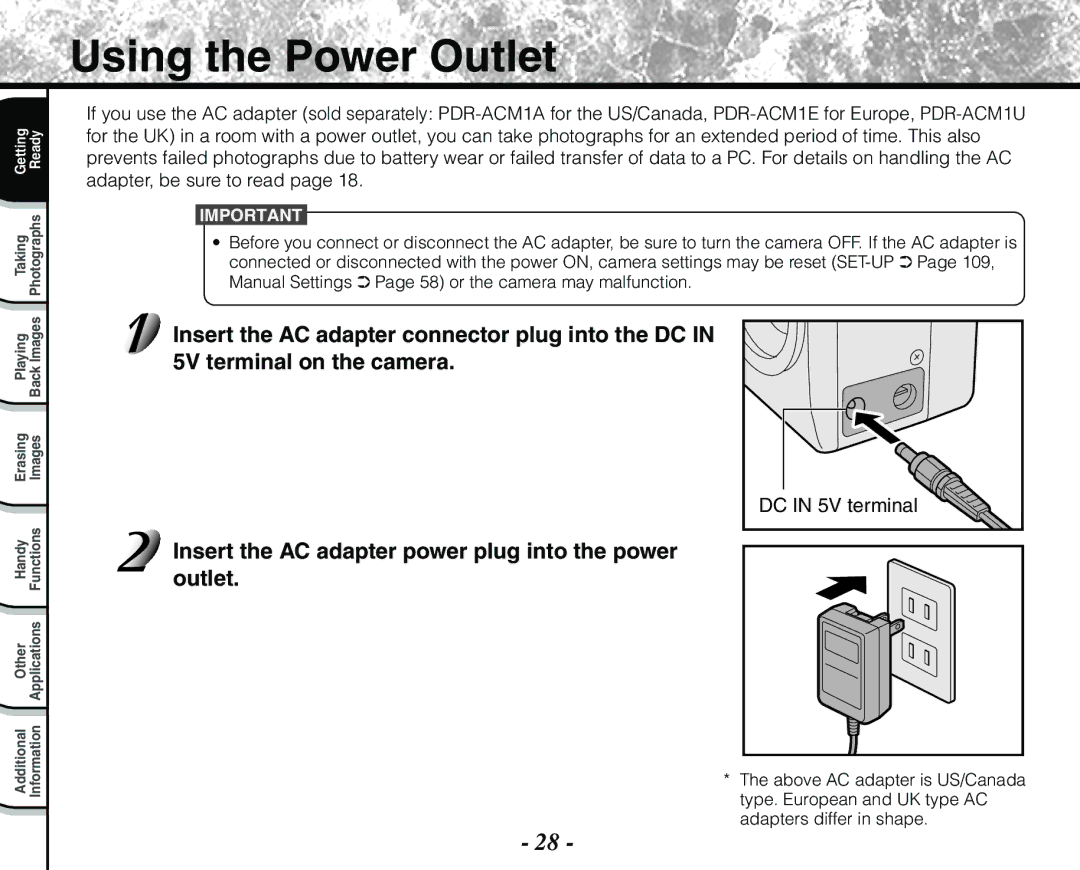 Toshiba PDR-M71 instruction manual Using the Power Outlet, DC in 5V terminal 