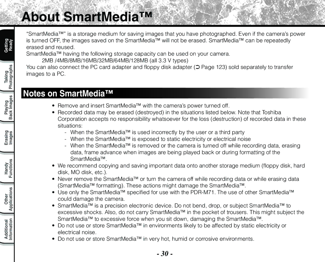 Toshiba PDR-M71 instruction manual About SmartMedia 