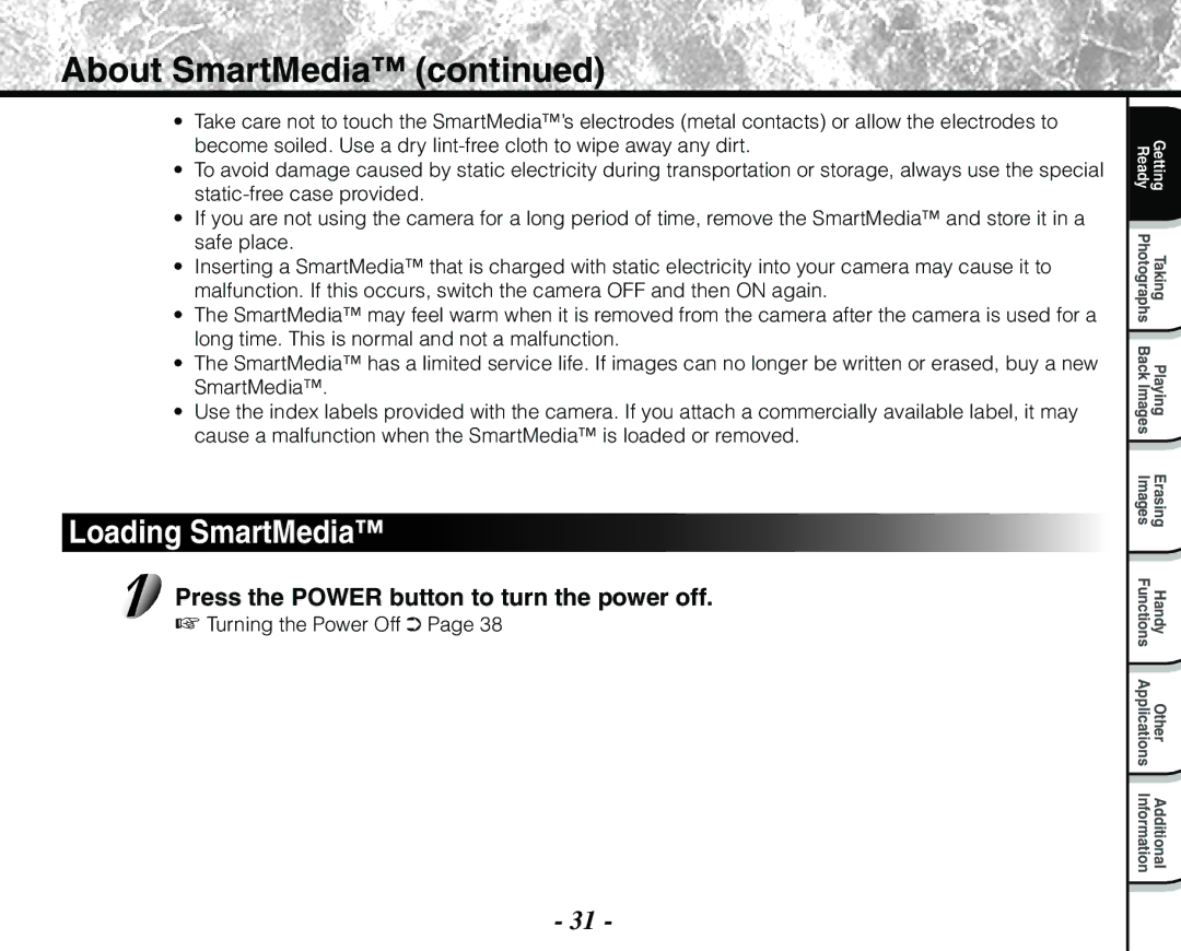 Toshiba PDR-M71 About SmartMedia, Loading SmartMedia, Press the Power button to turn the power off, Turning the Power Off 