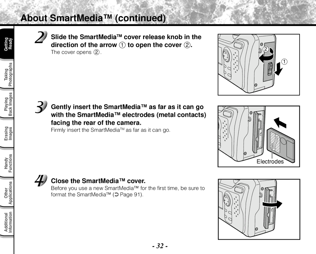 Toshiba PDR-M71 Close the SmartMedia cover, Electrodes, Firmly insert the SmartMediaTM as far as it can go 