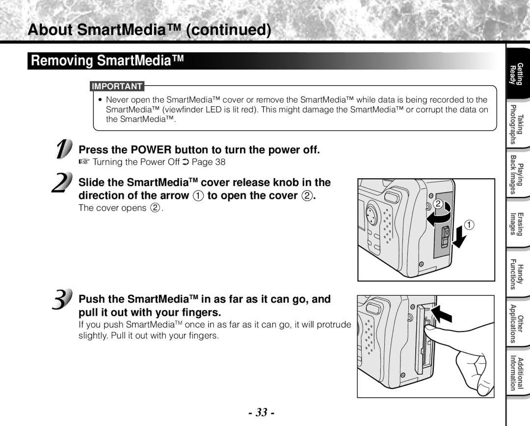 Toshiba PDR-M71 instruction manual Removing SmartMedia 