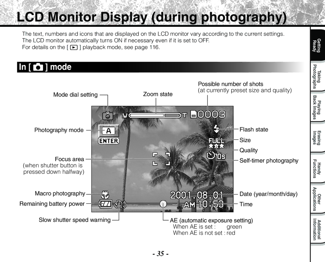 Toshiba PDR-M71 instruction manual LCD Monitor Display during photography, Mode dial setting Photography mode 