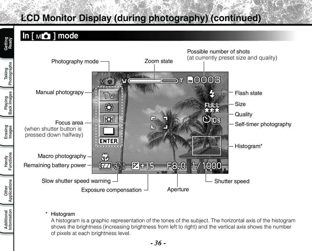 Toshiba PDR-M71 instruction manual LCD Monitor Display during photography, Focus area, Histogram, Macro photography 