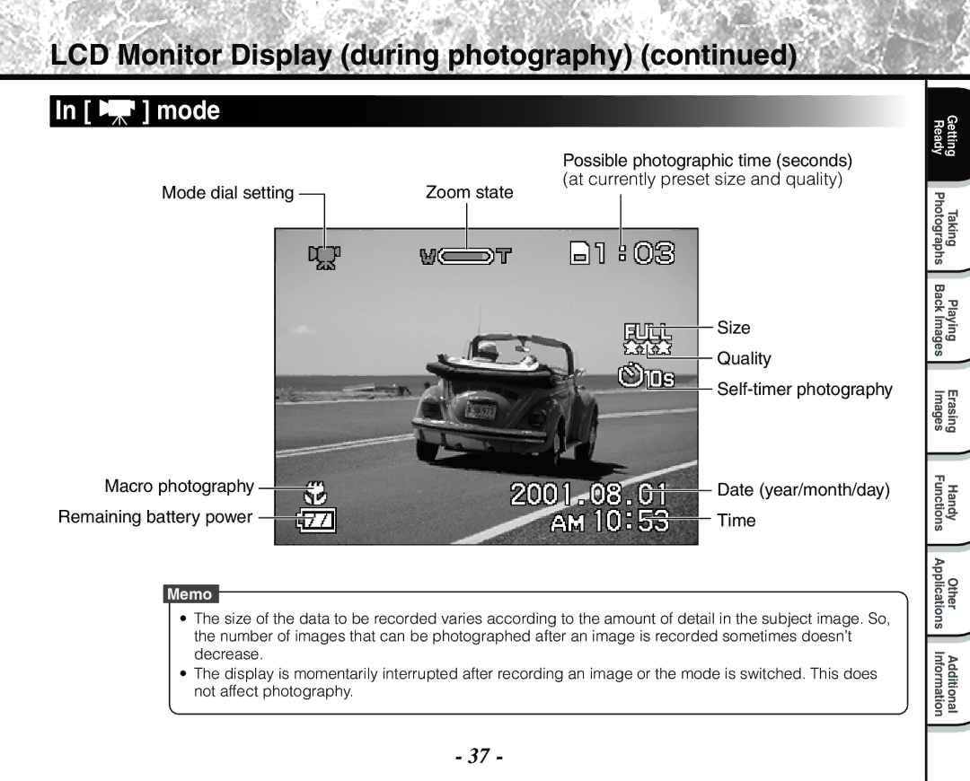 Toshiba PDR-M71 Mode dial setting, Zoom state Size Quality Self-timer photography, Remaining battery power Time 