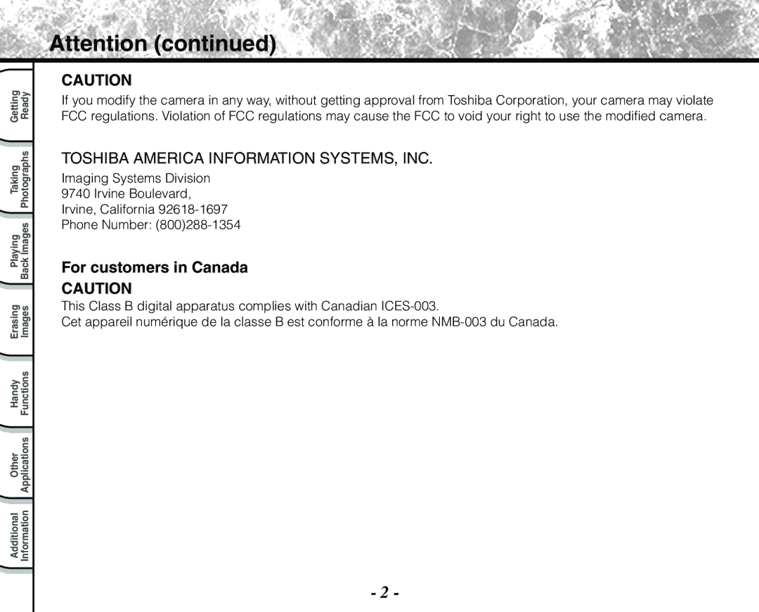 Toshiba PDR-M71 instruction manual For customers in Canada 