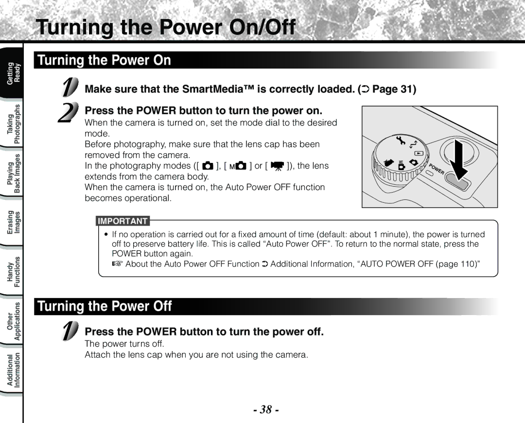 Toshiba PDR-M71 instruction manual Turning the Power On/Off, Turning the Power Off 