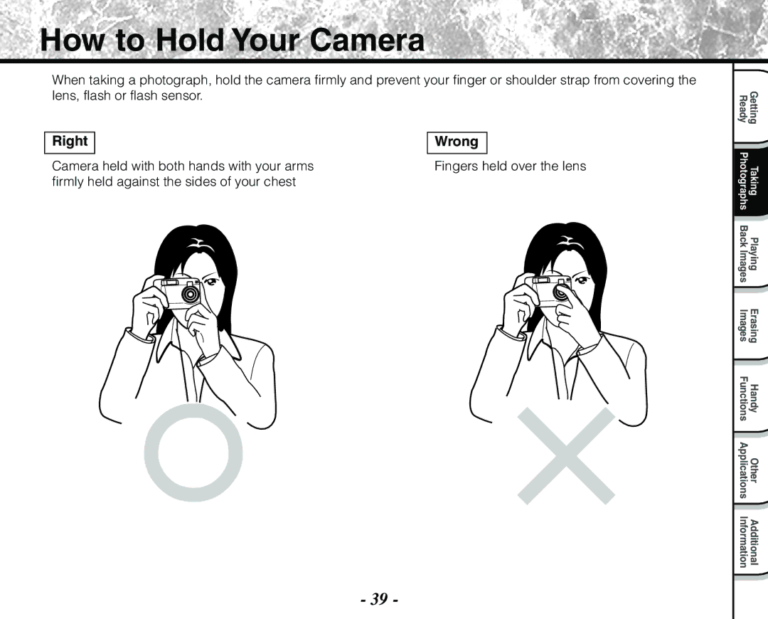 Toshiba PDR-M71 instruction manual How to Hold Your Camera, Camera held with both hands with your arms 