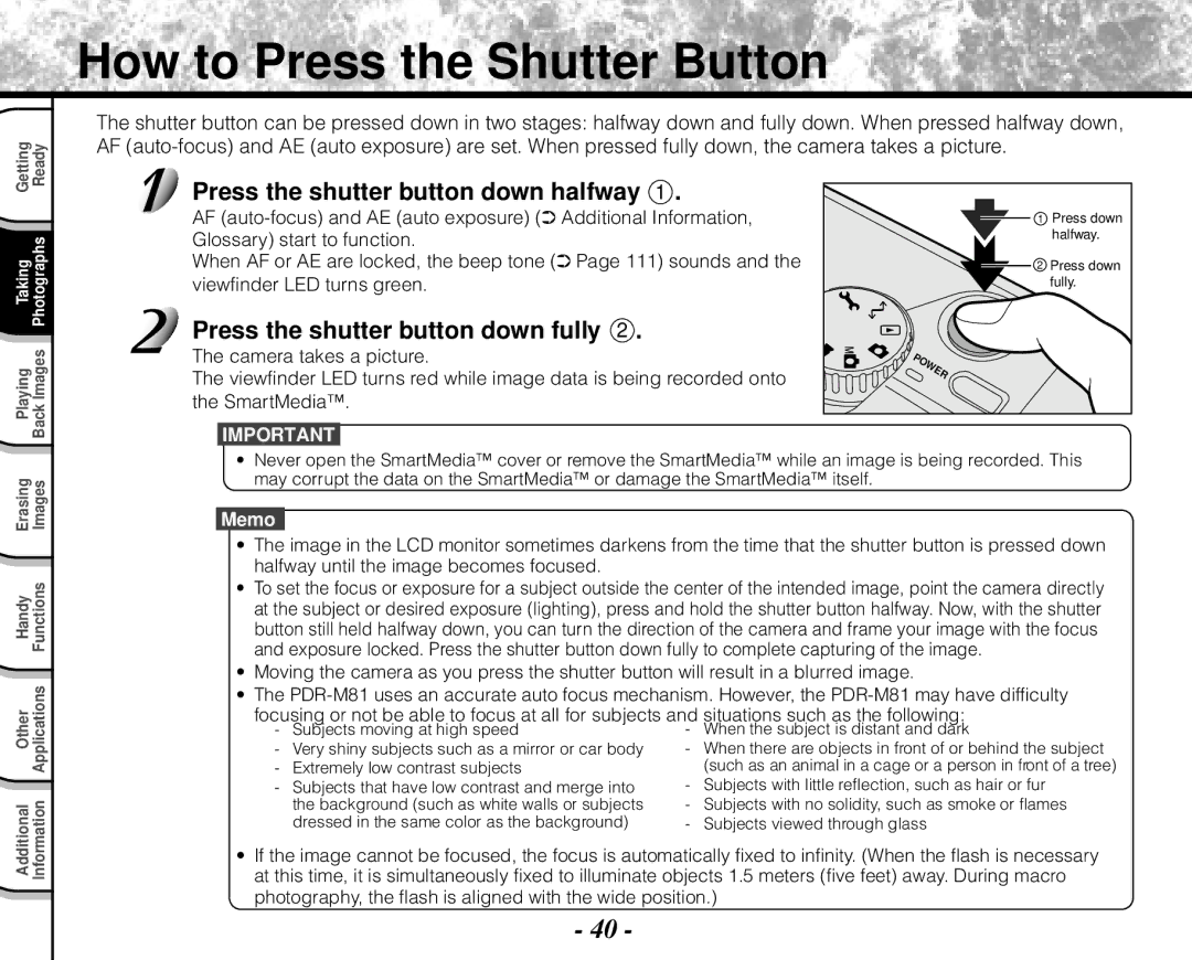 Toshiba PDR-M71 instruction manual How to Press the Shutter Button, Press the shutter button down halfway 