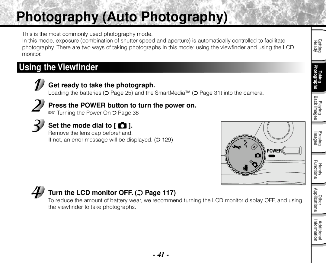 Toshiba PDR-M71 Photography Auto Photography, Using the Viewfinder, Get ready to take the photograph, Set the mode dial to 