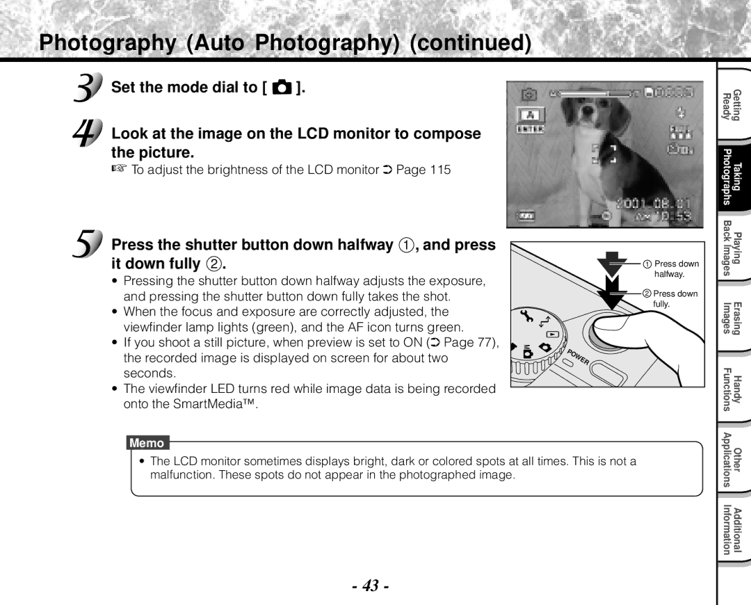 Toshiba PDR-M71 Look at the image on the LCD monitor to compose the picture, To adjust the brightness of the LCD monitor 