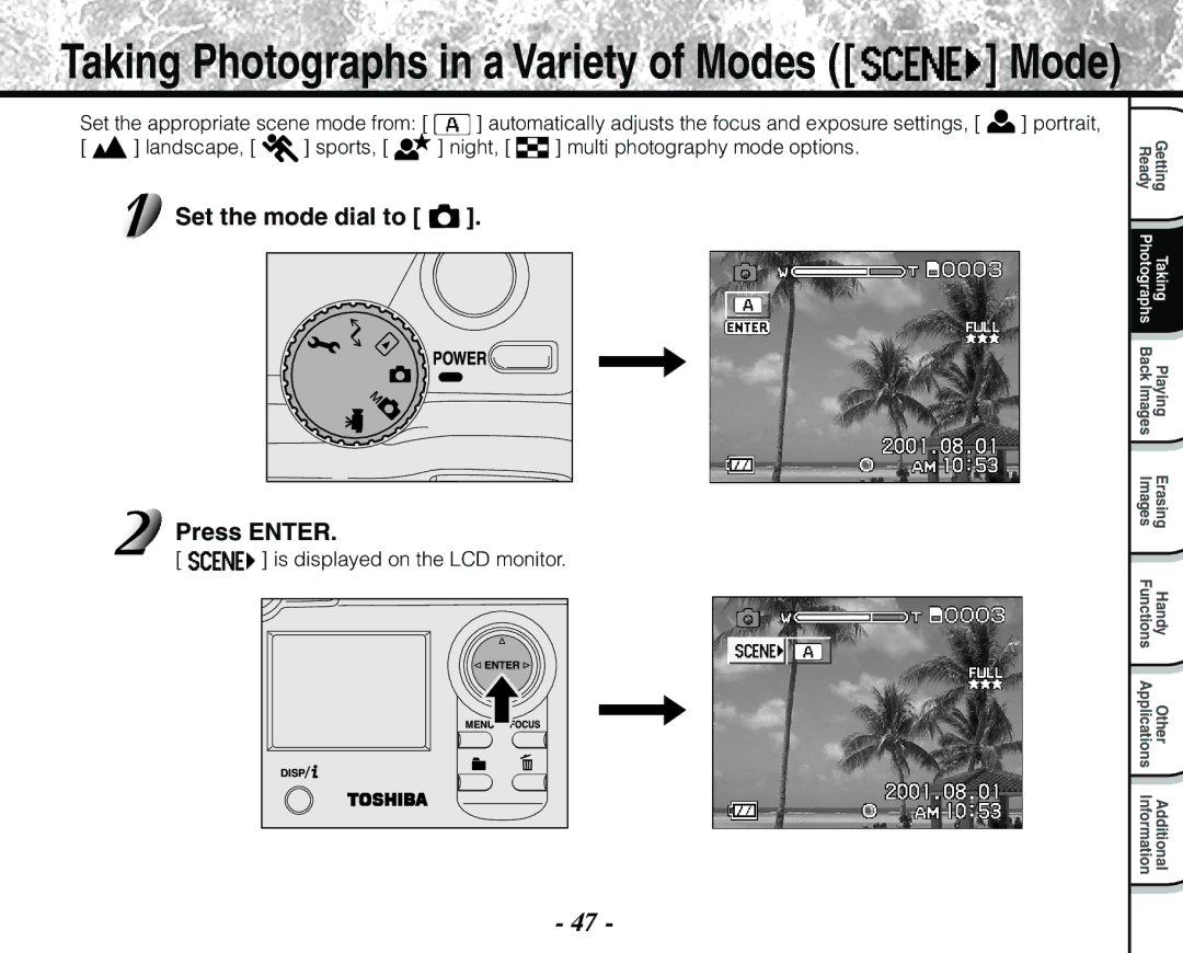 Toshiba PDR-M71 Set the mode dial to Press Enter, Landscape, sports, night, multi photography mode options 