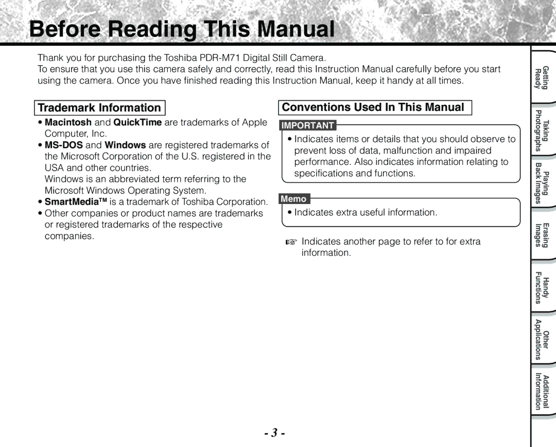 Toshiba PDR-M71 instruction manual Before Reading This Manual, Trademark Information, Conventions Used In This Manual 