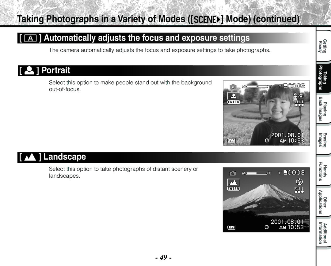 Toshiba PDR-M71 instruction manual Automatically adjusts the focus and exposure settings, Portrait, Landscape 