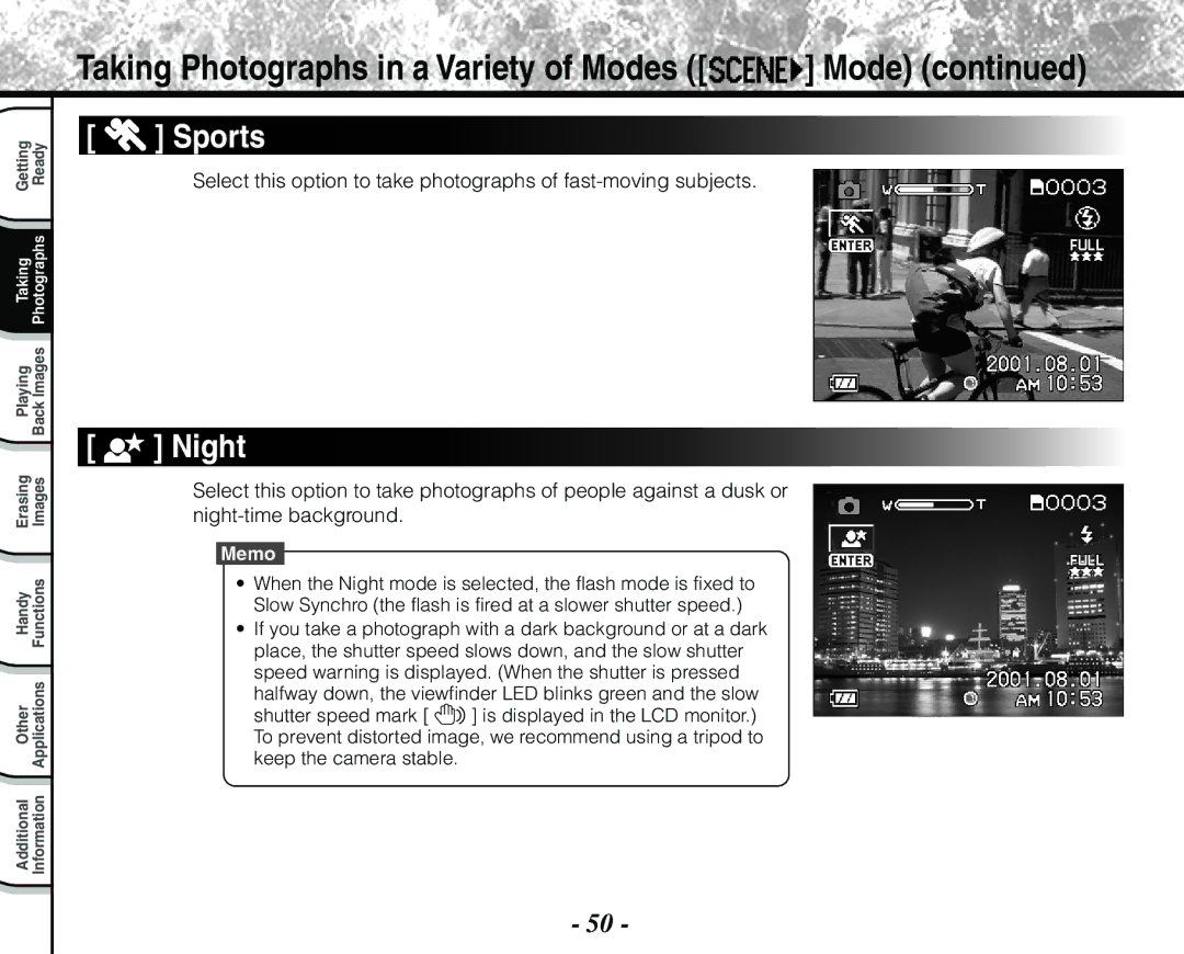 Toshiba PDR-M71 instruction manual Sports, Night 