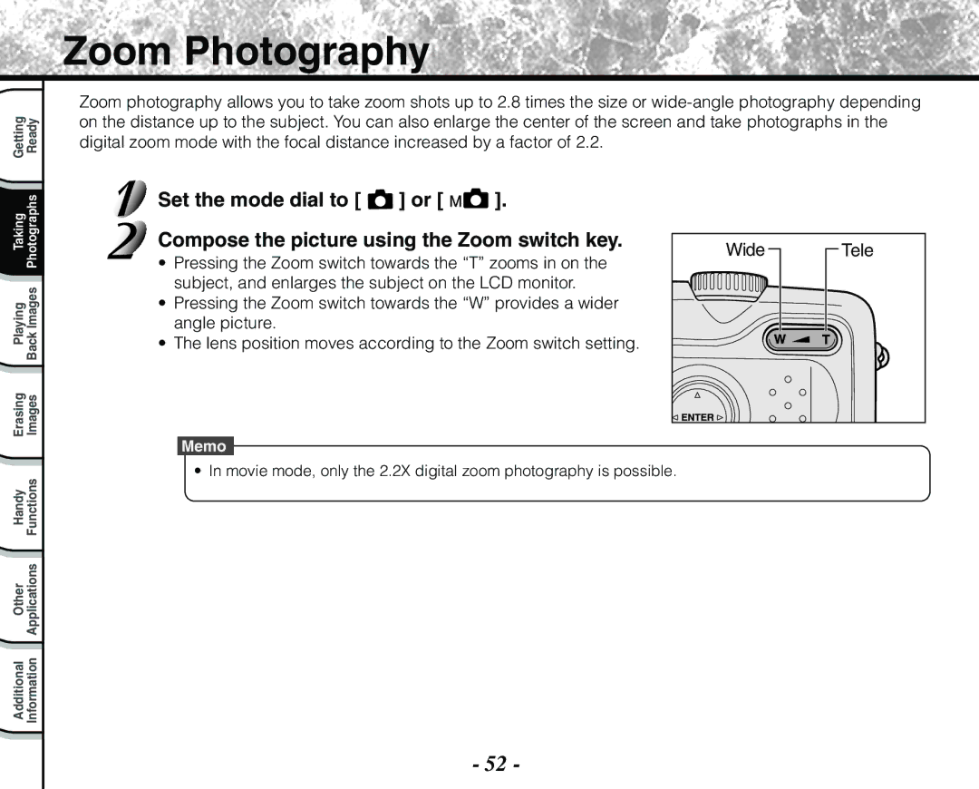 Toshiba PDR-M71 instruction manual Zoom Photography, Wide Tele 