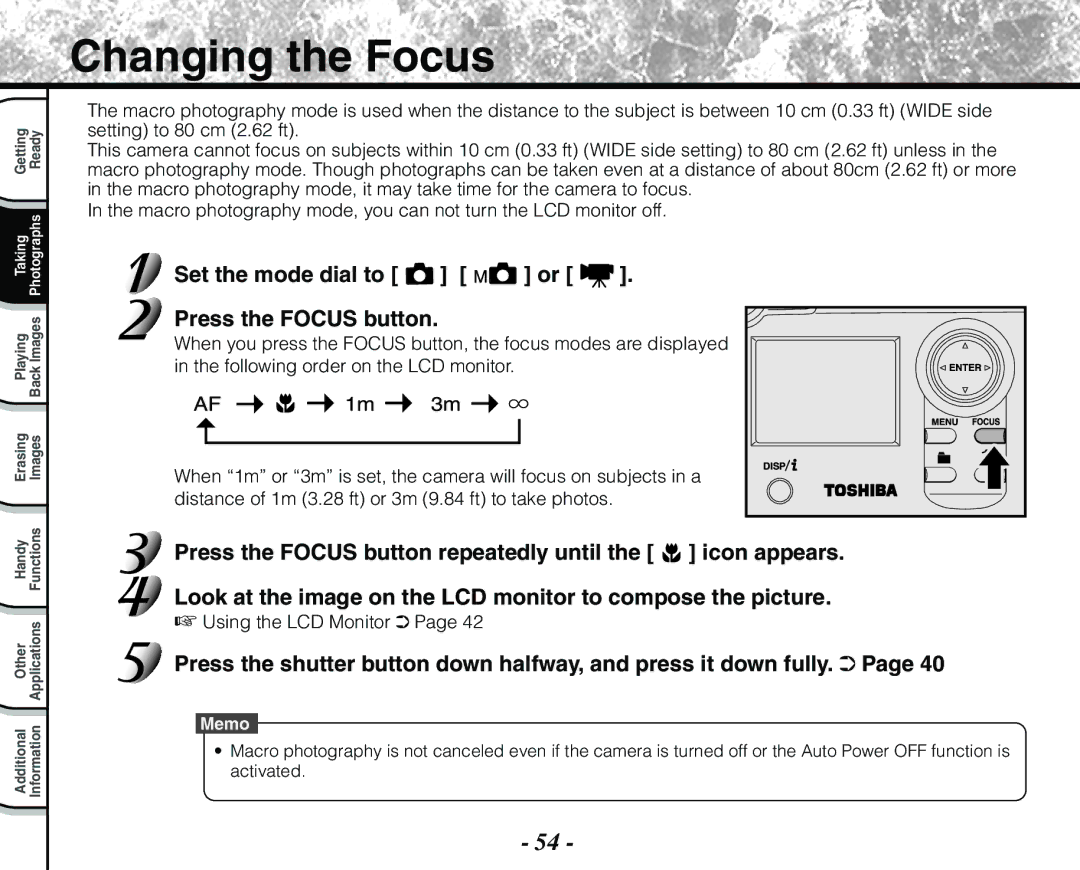 Toshiba PDR-M71 instruction manual Changing the Focus, Set the mode dial to Press the Focus button, Using the LCD Monitor 