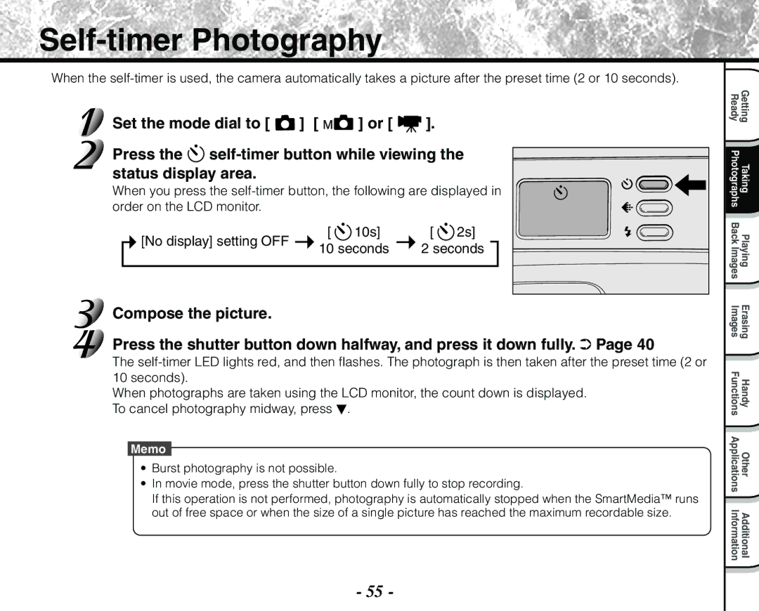 Toshiba PDR-M71 Self-timer Photography, Press Self-timer button while viewing, Status display area, Compose the picture 