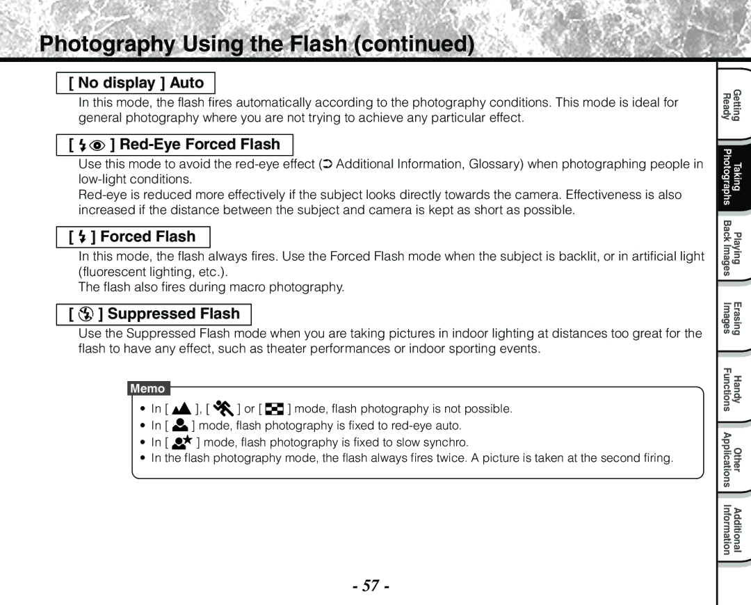 Toshiba PDR-M71 instruction manual Photography Using the Flash, No display Auto, Red-Eye Forced Flash, Suppressed Flash 