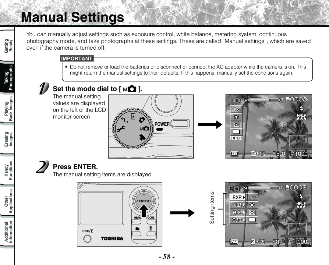 Toshiba PDR-M71 instruction manual Manual Settings, Manual setting items are displayed ItemsSetting 