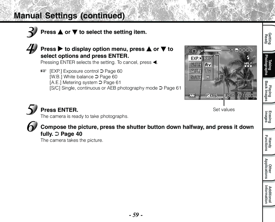 Toshiba PDR-M71 instruction manual Manual Settings, Single, continuous or AEB photography mode 