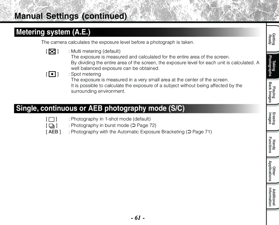 Toshiba PDR-M71 instruction manual Metering system A.E, Single, continuous or AEB photography mode S/C, Spot metering 