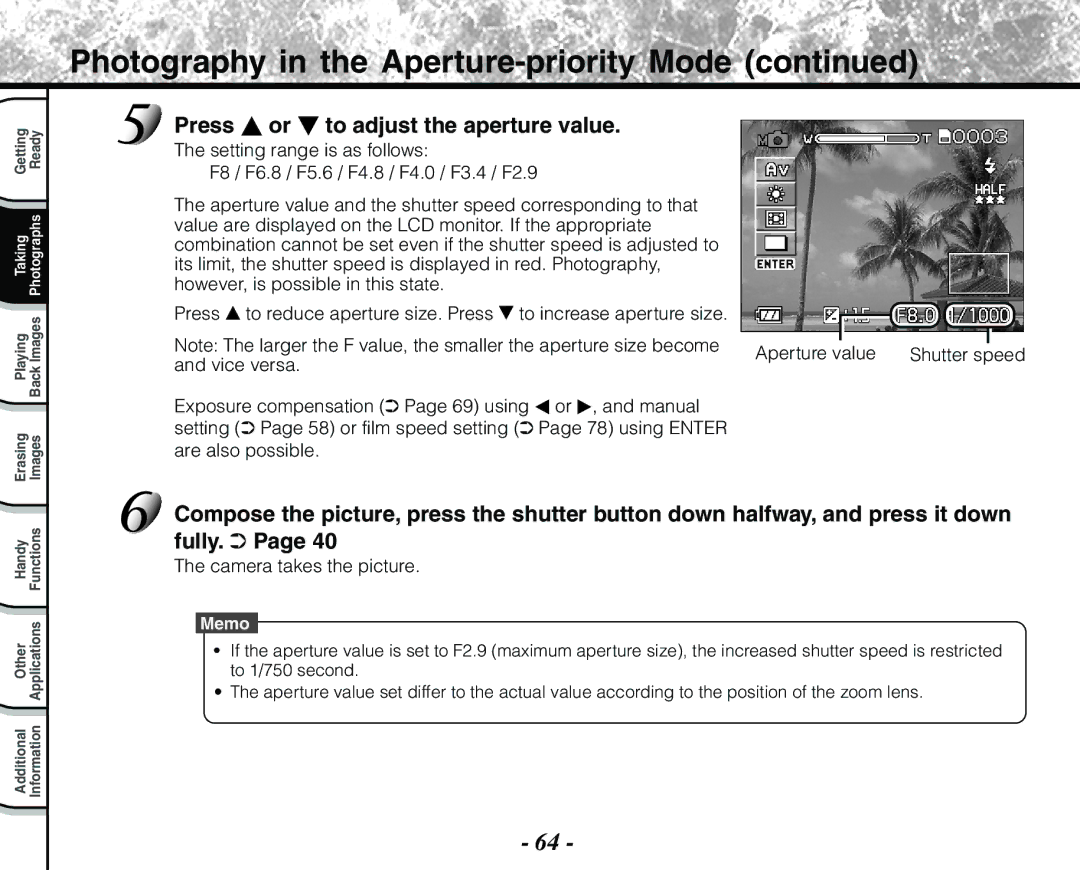 Toshiba PDR-M71 instruction manual Photography in the Aperture-priority Mode, Press To adjust the aperture value 