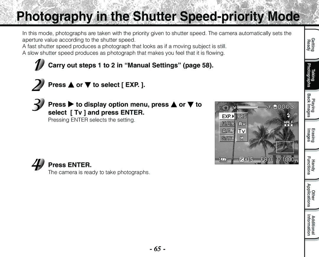 Toshiba PDR-M71 instruction manual Photography in the Shutter Speed-priority Mode 