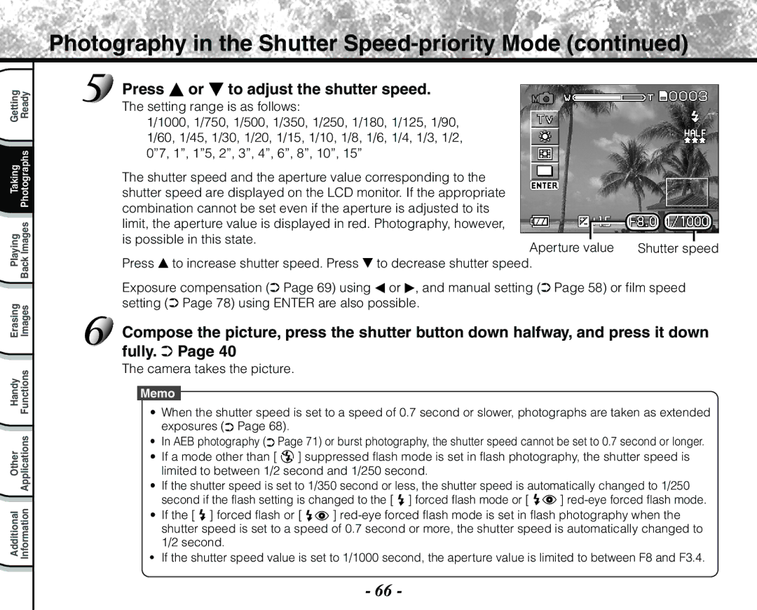 Toshiba PDR-M71 Photography in the Shutter Speed-priority Mode, Press or to adjust the shutter speed, Aperture value 