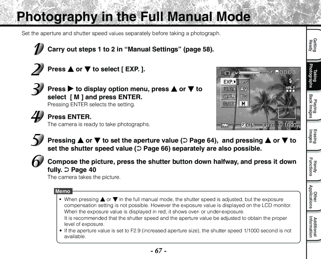 Toshiba PDR-M71 instruction manual Photography in the Full Manual Mode 