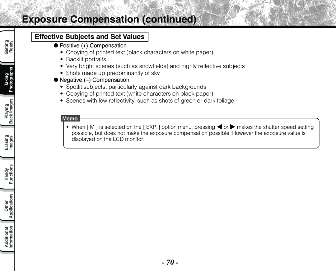 Toshiba PDR-M71 instruction manual Exposure Compensation, Effective Subjects and Set Values 