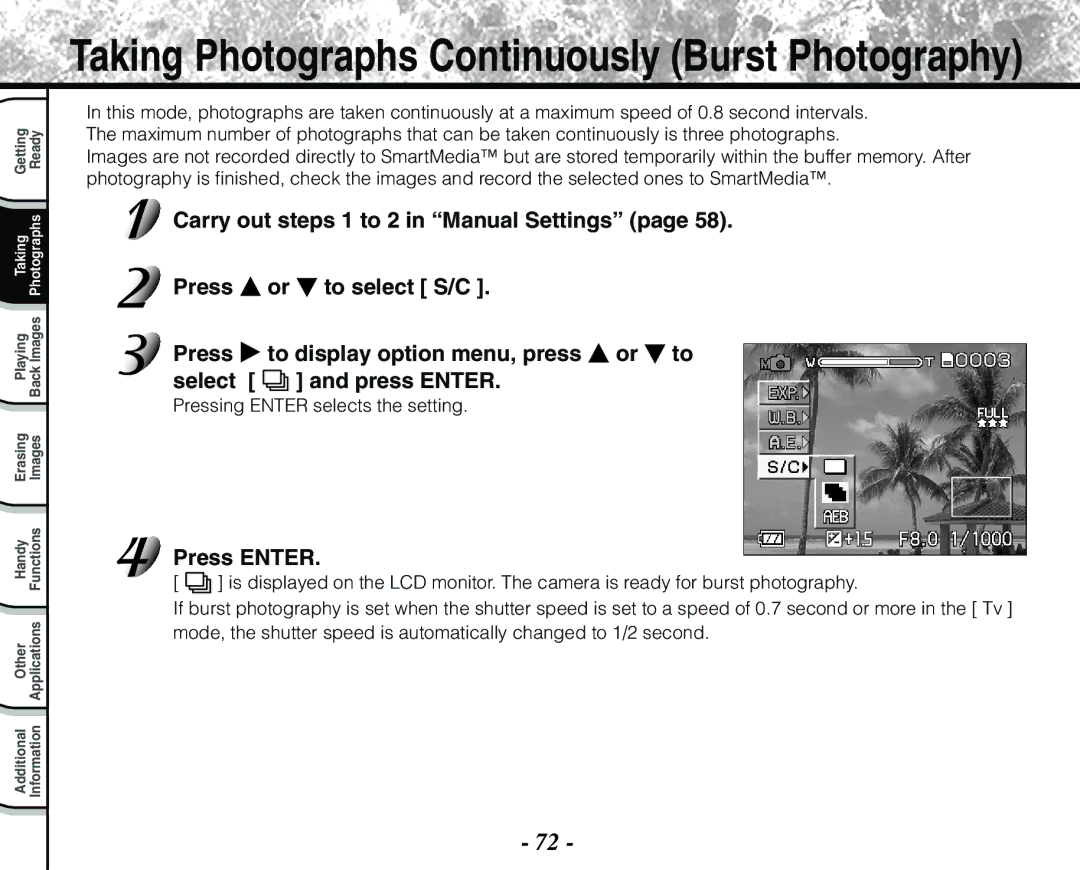 Toshiba PDR-M71 instruction manual Taking Photographs Continuously Burst Photography 