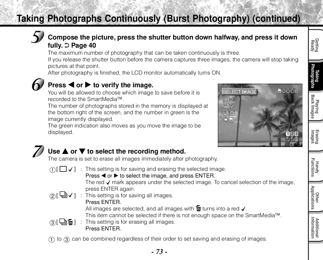 Toshiba PDR-M71 instruction manual Taking Photographs Continuously Burst Photography, Press or to verify the image 