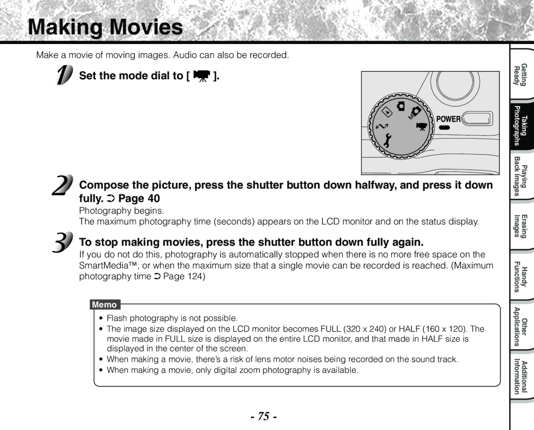 Toshiba PDR-M71 instruction manual Making Movies, Make a movie of moving images. Audio can also be recorded 