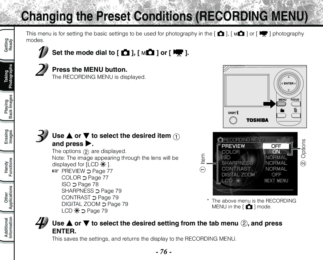 Toshiba PDR-M71 Set the mode dial to , or Press the Menu button, Use or to select the desired item 1 and press 