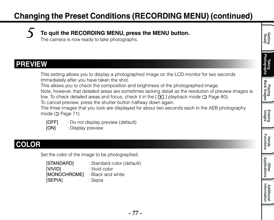 Toshiba PDR-M71 Changing the Preset Conditions Recording Menu, To quit the Recording MENU, press the Menu button 