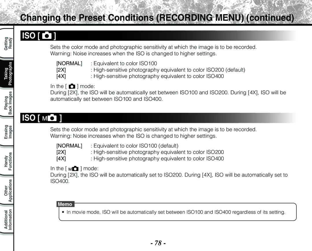 Toshiba PDR-M71 instruction manual Iso, Equivalent to color ISO100, High-sensitive photography equivalent to color ISO400 